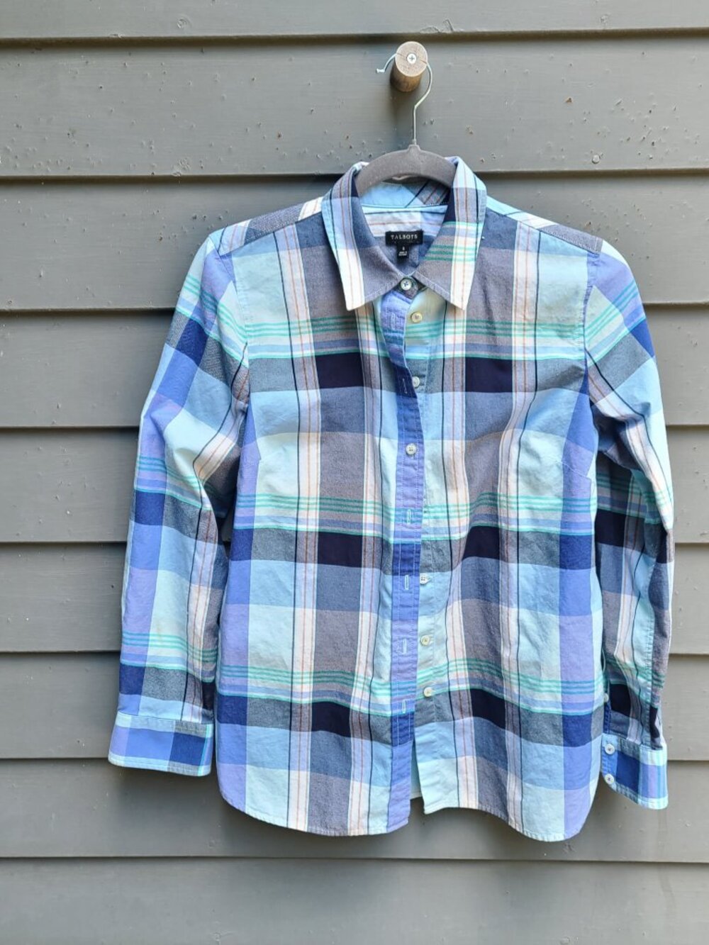 Talbots Blue White Plaid Cotton Button Down Top size Small